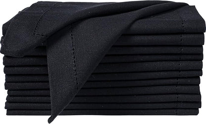 Bedding Craft Cloth Dinner Napkins Set of 12 – 18x18 Jet Black Linen-Look Hemstitched – Reusable Machine Washable Fabric Napkins for Weddings, Events & Everyday Dining