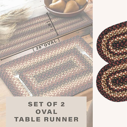 Homespice Prescott Jute Braided Table Runner, Warm Primitive Decor, Set of 2, Black and Red Oval 8x28 - Rich Colors, Easy to Clean, Durable and Protects Furniture