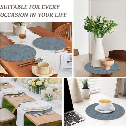 13" Round Placemats Set of 12, Reversible Faux Leather Heat Resistant Table Mats, 100% Waterproof Oilproof Wipeable Table Protective Placemats for Vinyl, Washable for Indoor (12, Light Blue)