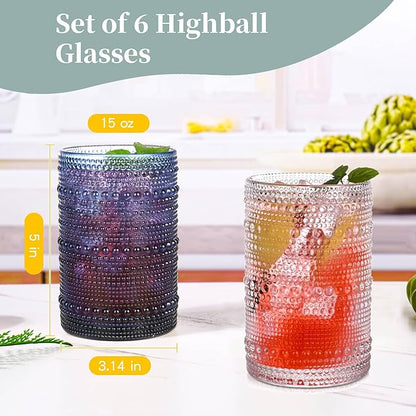 Blue Hobnail Drinking Glasses Set of 6, 15 oz Vintage Highball Glasses - Image 3