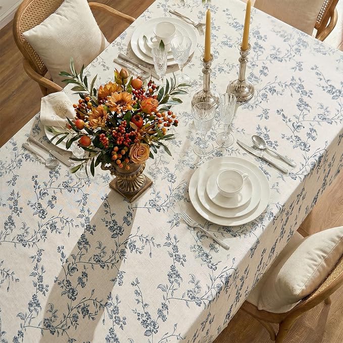 jinchan Blue Farmhouse Floral Linen Square Table Cloth 52 x 52 Inch | Rustic - Image 3