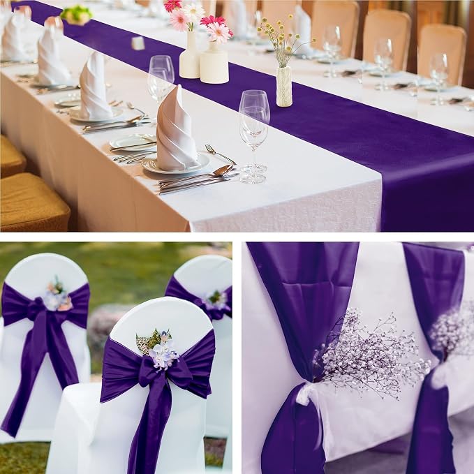 Aneco Satin 12 Pack Table Runner 12 x 108 Inch Dark Purple Long Wedding Satin - Image 6