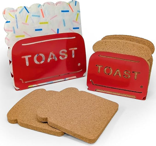 Mango Steam Napkin & Coaster Holder Set, For Home or Kitchen (Toaster, Red)