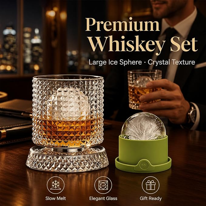 Spinning Whiskey Glass with Large Ice Ball Mold, 360° Rotating Crystal Rocks - Image 2