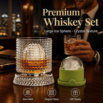 Spinning Whiskey Glass with Large Ice Ball Mold, 360° Rotating Crystal Rocks - Image 2
