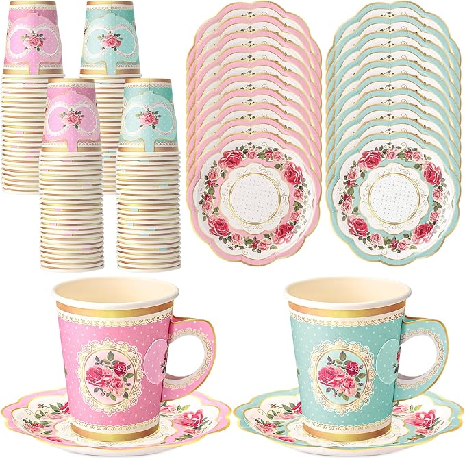 Tioncy 100 Pcs Tea Party Decorations Include 50 Pieces 9 oz Paper Tea Cups by Tioncy