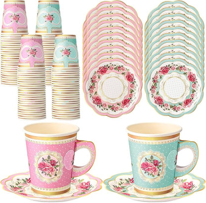 Tioncy 100 Pcs Tea Party Decorations Include 50 Pieces 9 oz Paper Tea Cups by Tioncy
