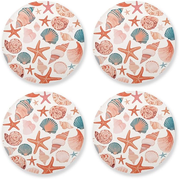 Seashells Different Shapes and Starfish Set of 4 Absorbent Coasters Cork by KLL