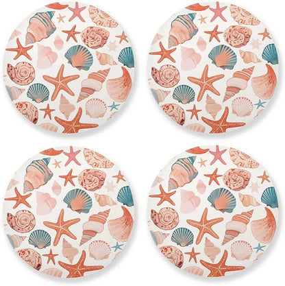 Seashells Different Shapes and Starfish Set of 4 Absorbent Coasters Cork by KLL