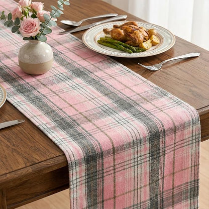Artoid Mode Pink Grey Farmhouse Plaid Spring Table Runner, Winter Rustic - Image 3