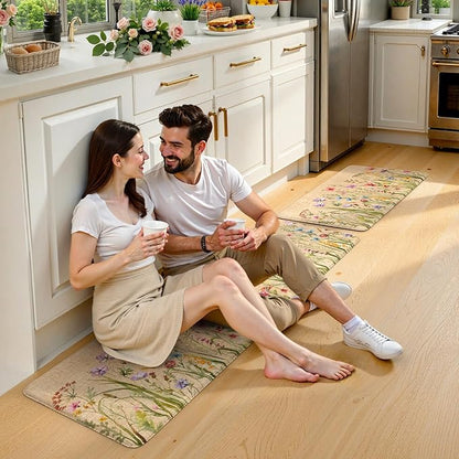KIMODE Anti Fatigue Kitchen Mats for Floor, Farmhouse Brown Kitchen Rugs Sets of 2, Summer Cushioned Kitchen Floor Mats, Comfort Standing Mats for Sink Laundry Office Desk 20"x59"+20"x32"
