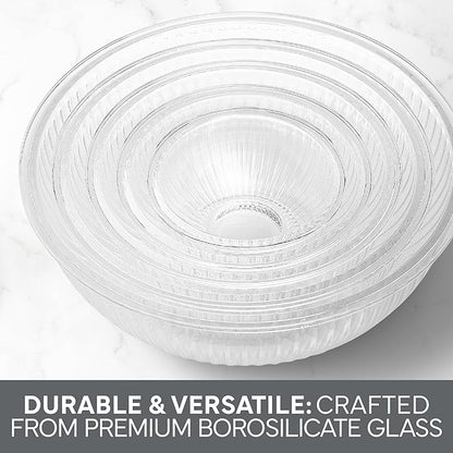 COOK WITH COLOR 12 Pc Glass Mixing Bowl Set with Lids – Borosilicate Glass Nesting Bowls for Cooking, Baking and Meal Prep, Fluted Grey