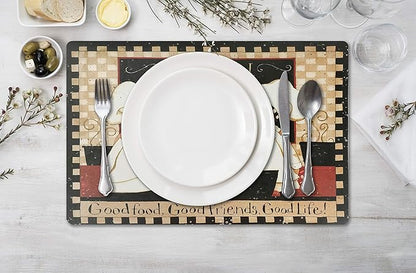 Vinyl Rectangular Placemats Set of 4 - Non Slip Place Mats Ideal for Indoor and Outdoor Dining Table - Washable and Heat Resistant Table Mat for Kitchen Tables (Good Food Good Friend)