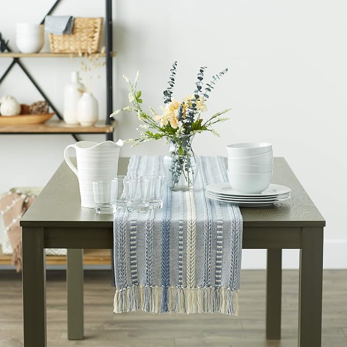 DII Farmhouse Braided Stripe Table Runner Collection, Stonewash Blue - Image 5