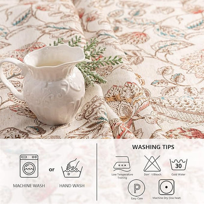 MYSKY HOME Linen Floral Tablecloth Rectangle 60x84 Inch Rustic Tablecloth Spring Summer Waterproof Fabric Table Cover Farmhouse Decoration Oblong for Kitchen, Dining and Outdoor Picnic, Brown