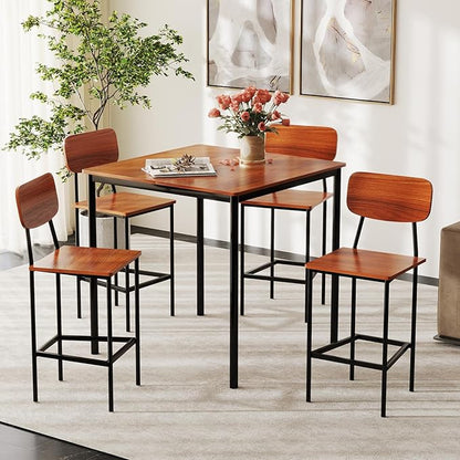COSTWAY Dining Table Set for 4, 5-Piece Square Kitchen Nook Dinette Set with 4 Bar Stools with Footrest, Backrest, Space-Saving Design, Industrial Kitchen Table and Chairs for Apartment, Walnut