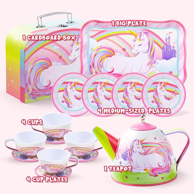 JOYIN Unicorn Tea Party Set for Little Girls, Pretend Pink Tin Teapot Set - Image 2