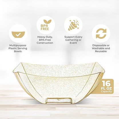 Posh Setting - Gold Glitter Plastic Serving Bowls for Party (16oz - 4 Pack) Square, Disposable, Candy Containers for Candy Buffet