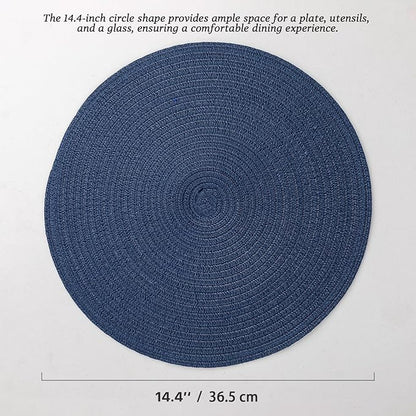 Round Placemats Set of 12 Woven Placemats Washable Braided Table Mats for Dining Table Heat Resistant Non-Slip Circle Place Mats(Navy Blue)