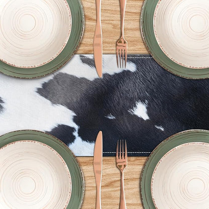 Linen Cow Print Table Runner 13x71 Inch Farmhouse Western White Black Cowhide - Image 5