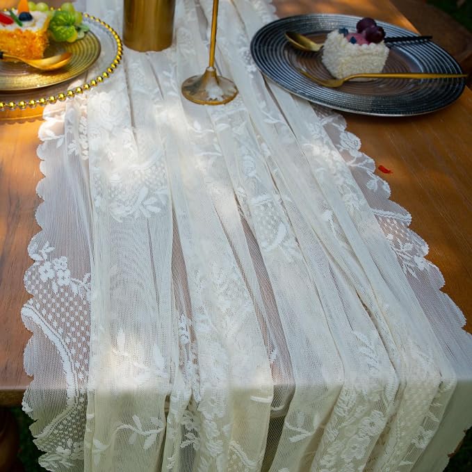 vctops White Lace Table Runner 120 inch 10FT Floral Embroidered Boho Farmhouse - Image 7