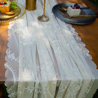 vctops White Lace Table Runner 120 inch 10FT Floral Embroidered Boho Farmhouse - Image 7