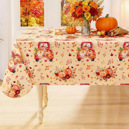 Smiry Fall Rectangle Table Cloth, Waterproof Vinyl Tablecloth with Flannel Backing, Wipeable Autumn Pumpkin Truck Plastic Tablecloths for Harvest and Thanksgiving Parties, (60"x140", Yellow)
