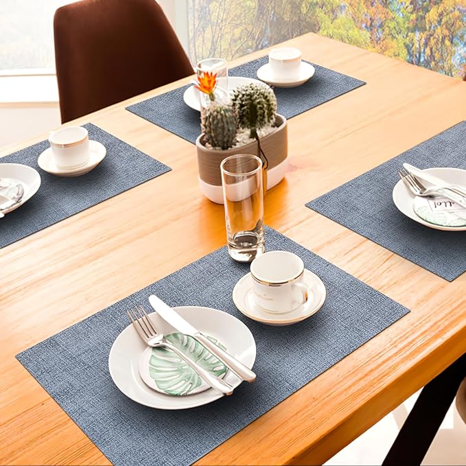 homing Faux Leather Heat Resistant Placemats 12 Packs, Waterproof Wipeable Dining PU Place Mats for Indoor & Outdoor, Easy to Clean, Denim Blue