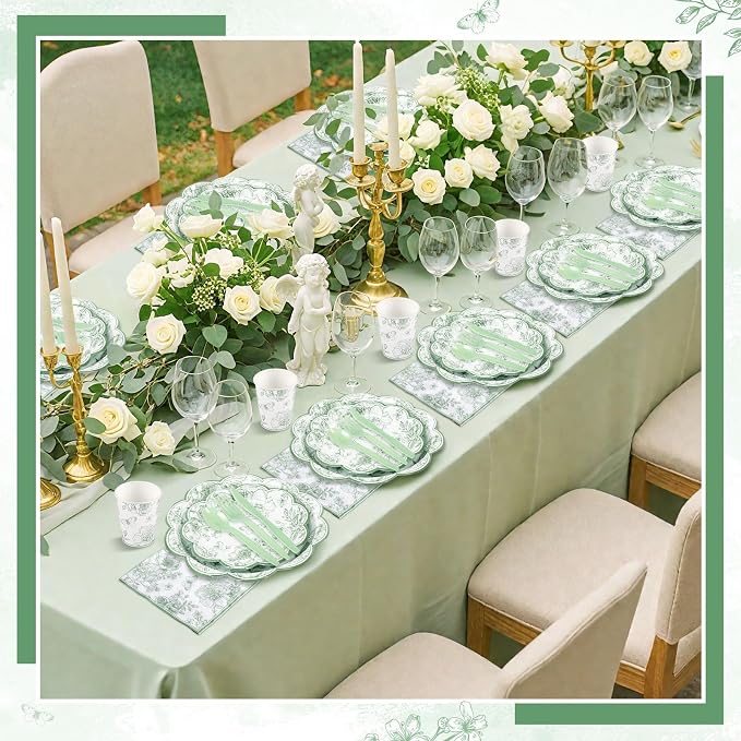 NatNarr 25Set Sage Green Floral Plates and Napkins Bridal Shower Dinnerware | - Image 8