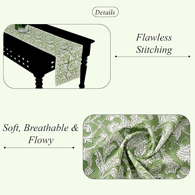 Sage Green Hand Block Print Cotton Table Runner Garden Farmhouse Buffet - Image 2