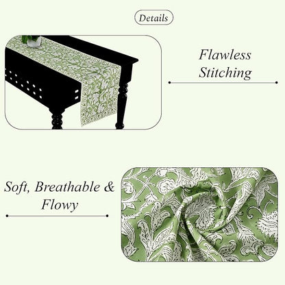 Sage Green Hand Block Print Cotton Table Runner Garden Farmhouse Buffet - Image 2