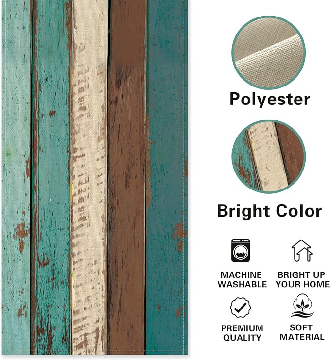 Vintage Farmhouse Wood Texture Dining Table Runner, Retro Rustic Teal | Brown - Image 2