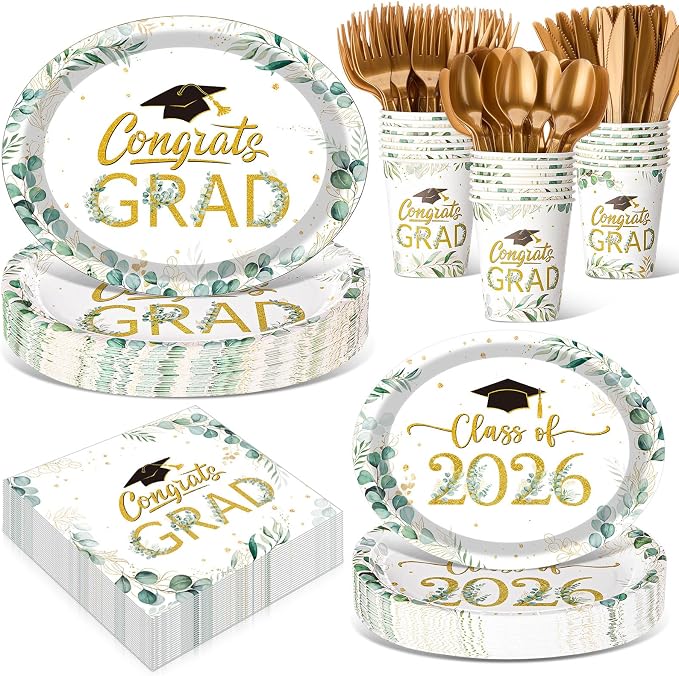 350 Pcs Class of 2026 Greenery Graduation Party Decorations 12 inch Disposable by Pajean