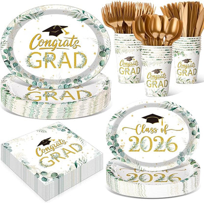350 Pcs Class of 2026 Greenery Graduation Party Decorations 12 inch Disposable by Pajean