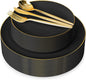 I00000 150Pcs Black Plastic Plates, Black Disposable Plates, Heavy Duty black plates for 30 Guests,Plastic Dinnerware Set Include 30 Dinner Plate,30 Dessert Plate,90 Gold Cutlery Set for Party