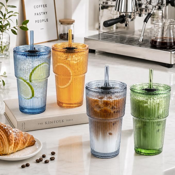 Glass Cups with Lids and Straws, Iced Coffee | 4pcs, leak-proof, - Image 2