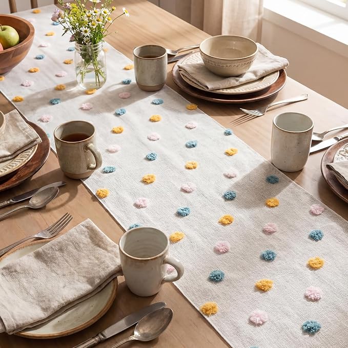Artoid Mode Pink Blue Yellow Pom Pom Tulle Table Runner, Seasonal Washable - Image 3