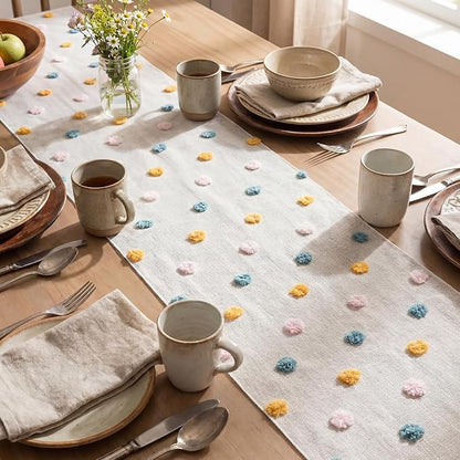 Artoid Mode Pink Blue Yellow Pom Pom Tulle Table Runner, Seasonal Washable - Image 3