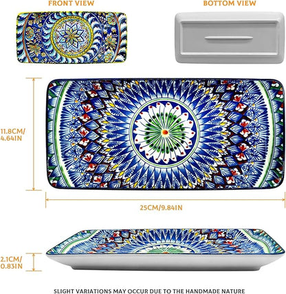 10 Inch Rectangular Ceramic Plates Set of 6 - Bohemian Floral Design in 6 Vibrant Colors, Oven & Microwave Safe Porcelain Appetizer, Salad & Dessert Plates