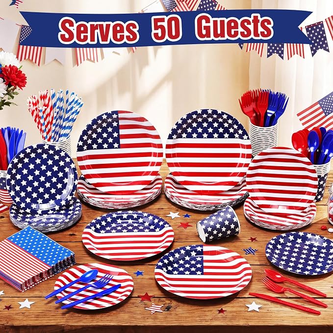 450 Pcs 4th of July Patriotic Tableware Set Decorations, Serves 50 | USA Red - Image 4