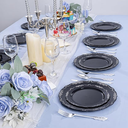 DaYammi 60PCS Black and Silver Plastic Plates, Heavy Duty Black and Silver Disposable Plates Premium 7.5 inch Dessert Cake Salad Appetizer Plate Hard Plastic Plate Disposable for Party Wedding