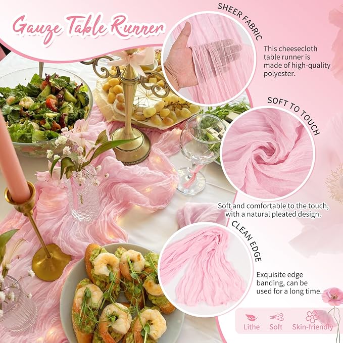 Showgeous 18 Pack Light Pink Cheesecloth Table Runner, 17 x 108 Inches | Boho - Image 3