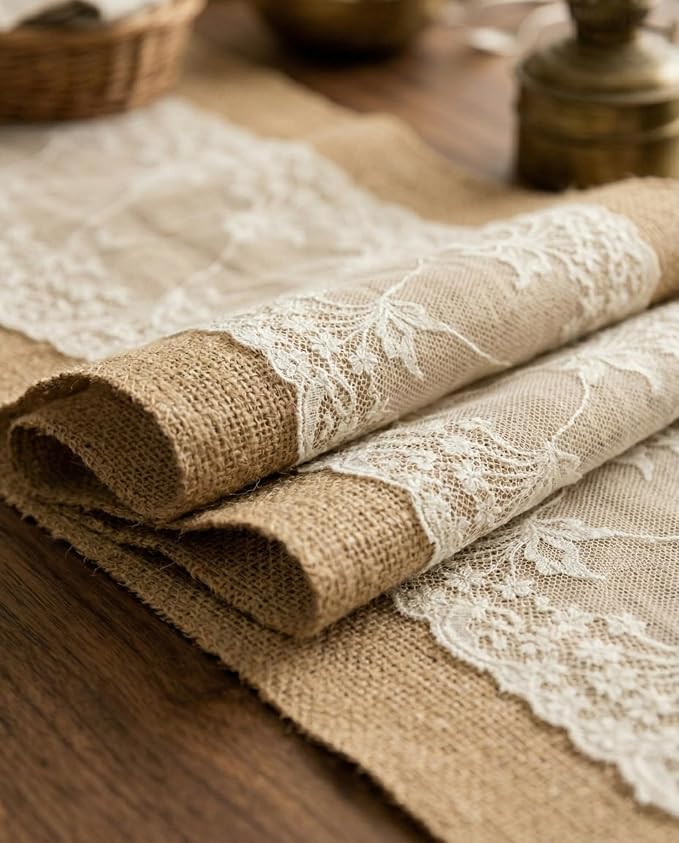 Burlap Table Runner with Lace, Rustic Farmhouse Table Runners - Image 3