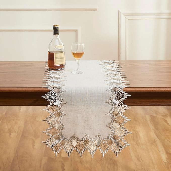 Natural Linen Table Runner 60 inches Beige Lace Coffee Table Runners | French - Image 2