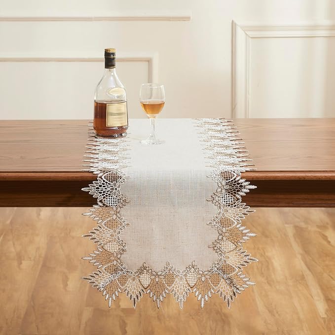 Natural Linen Table Runner 72 inches Beige Lace Coffee Table Runners | French - Image 2