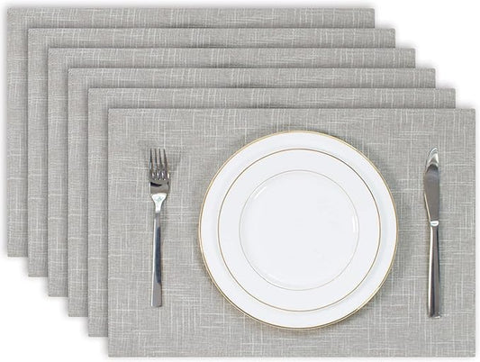 Kevin Textile Burlap Linen Placemats Set of 6 Heat Resistant Dining Table Place Mats Washable Kitchen Table Mats for Dinning Party Holiday Indoor Outdoor, 13 x19 inches, Grey White