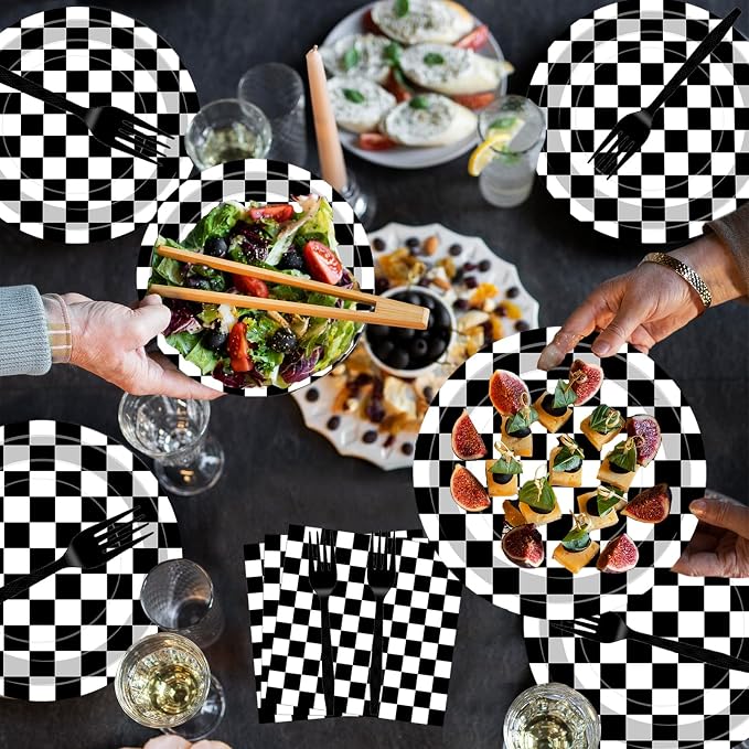 100 Pcs Racing Checkered Party Supplies Set, Serves 25 – Disposable Black and - Image 4