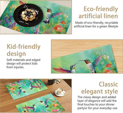 Hummingbird 12x18 Inch Placemats Set of 6 - Waterproof, Non-Slip & Washable Vintage Spring Flower Birds Table Mats for Kitchen & Dining Table Placemats