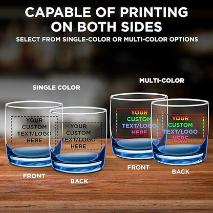 DISCOUNT PROMOS Custom Whiskey Glasses 10 oz Set of 10/50/100, Personalized Bulk Pack - Heavy Base Old Fashioned Glass, Perfect for Scotch, Bourbon, Whiskey, Cocktail - Blue Bottom Color