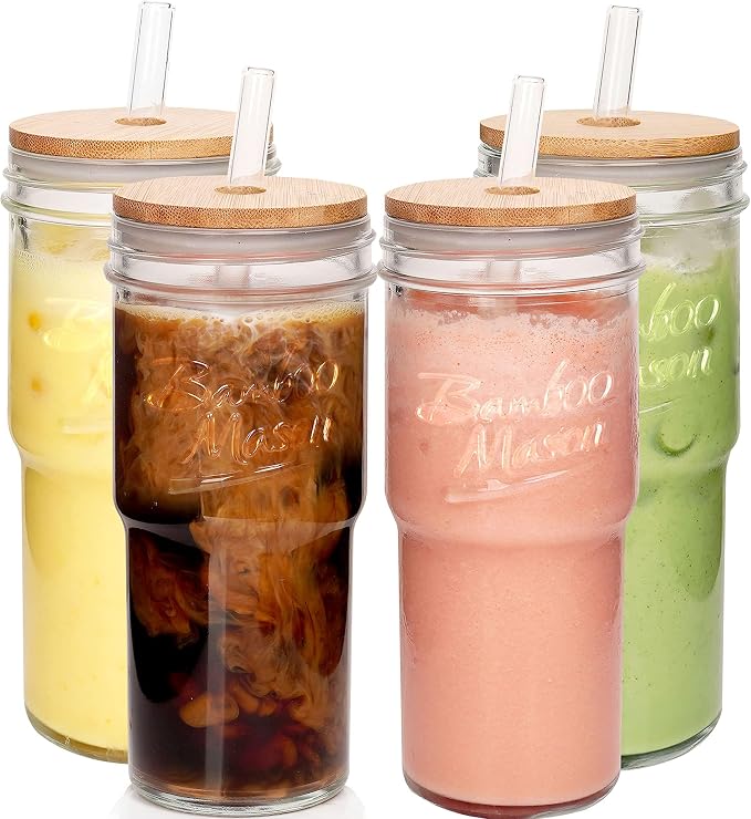 ANOTION Glass Cups with Lids and Straws 4 Packs, 24oz Travel Coffee Mug Bamboo by ANOTION